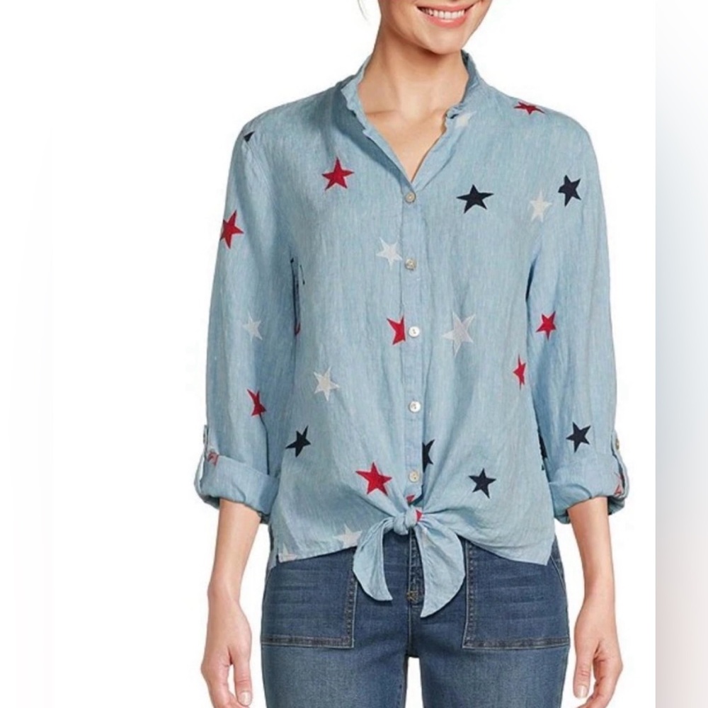John Mark Embroidered Star Spangled Linen Button Down Size 1X